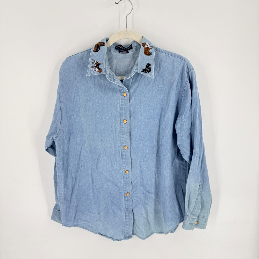 Vintage Eagle's Eye Animal Embroidered Chambray Button Front Shirt Size M